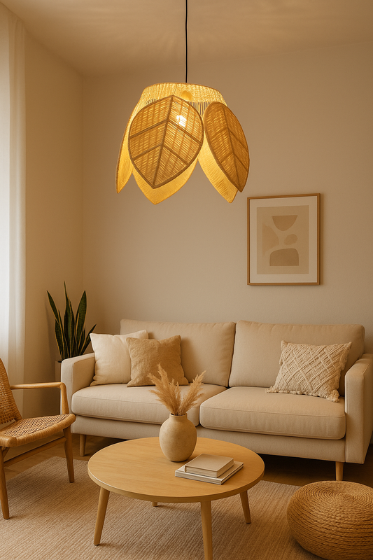 Leaf-Shaped Raffia Pendant Lamp